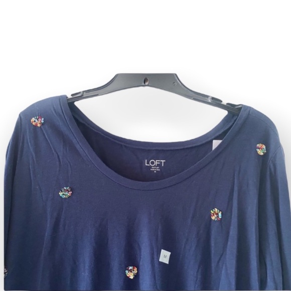 Ann Taylor Loft Womens Top Navy Blue Sequin Long Sleeve Cotton Tee Medium Small - Picture 5 of 10